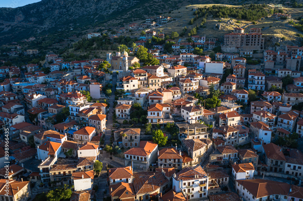 Scenic view of Arachova Village. Parnassos Mountain, Greece.