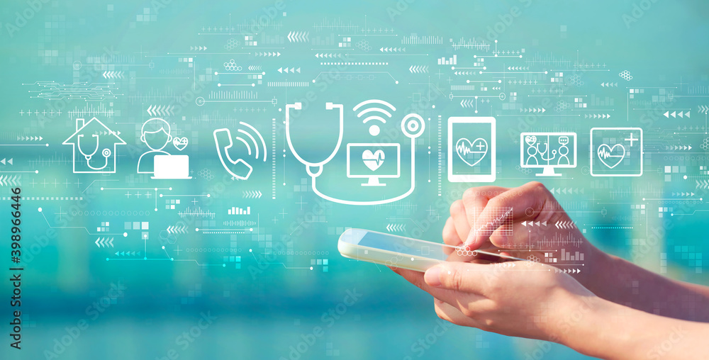Telemedicine theme with person holding a white smartphone Telemedicine theme with person holding a white smartphone