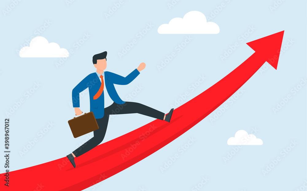 Man stand on huge rising arrow show direction. Man stand on huge rising arrow show direction.