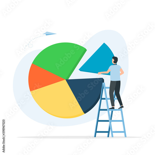 Businessman standing on ladder to arrange pie chart. Showing a market share percentage using a pie chart.