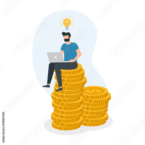 Man sitting on money coin stack and working with laptop.Web