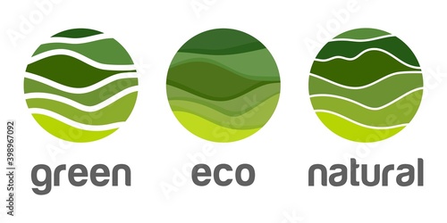 Abstract green logo vector icon, sign organic technology food and cosmetology.Design template symbol eco bio engineering, natural product. Illustration with nature Green wave background hill landscape © IrkoValenko