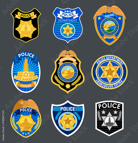 Police badges set vector. Sheriff, marshal label illustrations. Law enforcement emblems for national days. Ranger, policeman medallions.