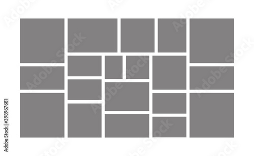 Template collage frames for moodboard, image gallery and photo album. Blank photographs layout. Vector mockup of rectangle mosaic grid of 19 pictures isolated on white background