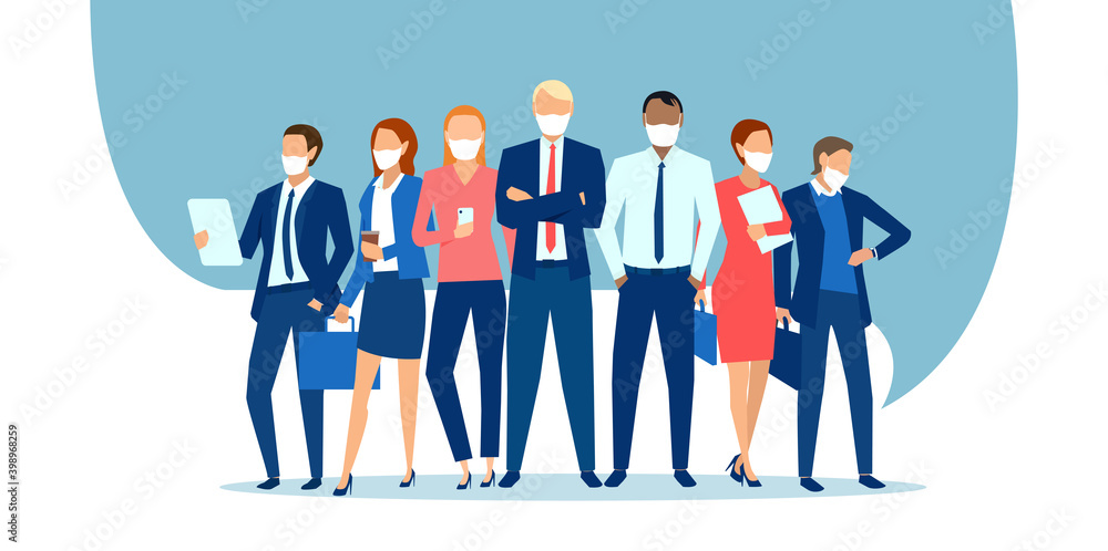 Vector of businesspeople wearing face masks standing together as a team - obrazy, fototapety, plakaty 