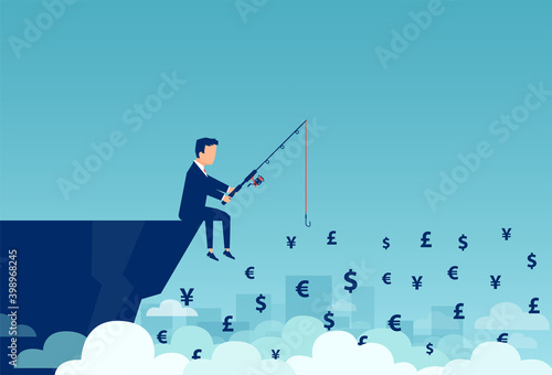 Vector of a business man sitting on a cliff fishing different currency