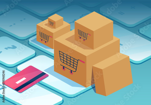 Vector of cardboard boxes and credit card on a laptop keyboard