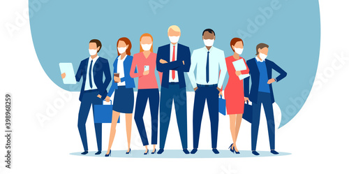 Vector of businesspeople wearing face masks standing together as a team