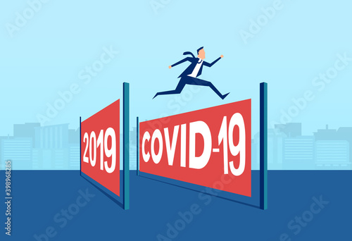 Vector of a businessman jumping over coronavirus obstacle year to a new start