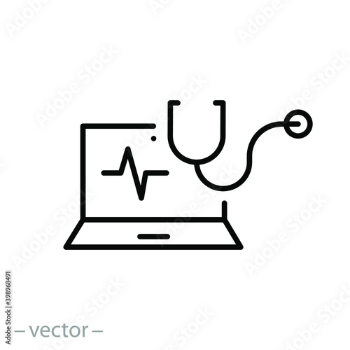 computer diagnostic icon, medical or industry examination, stethoscope with laptop, technology maintenance, pulse on the screen, thin line symbol on white background