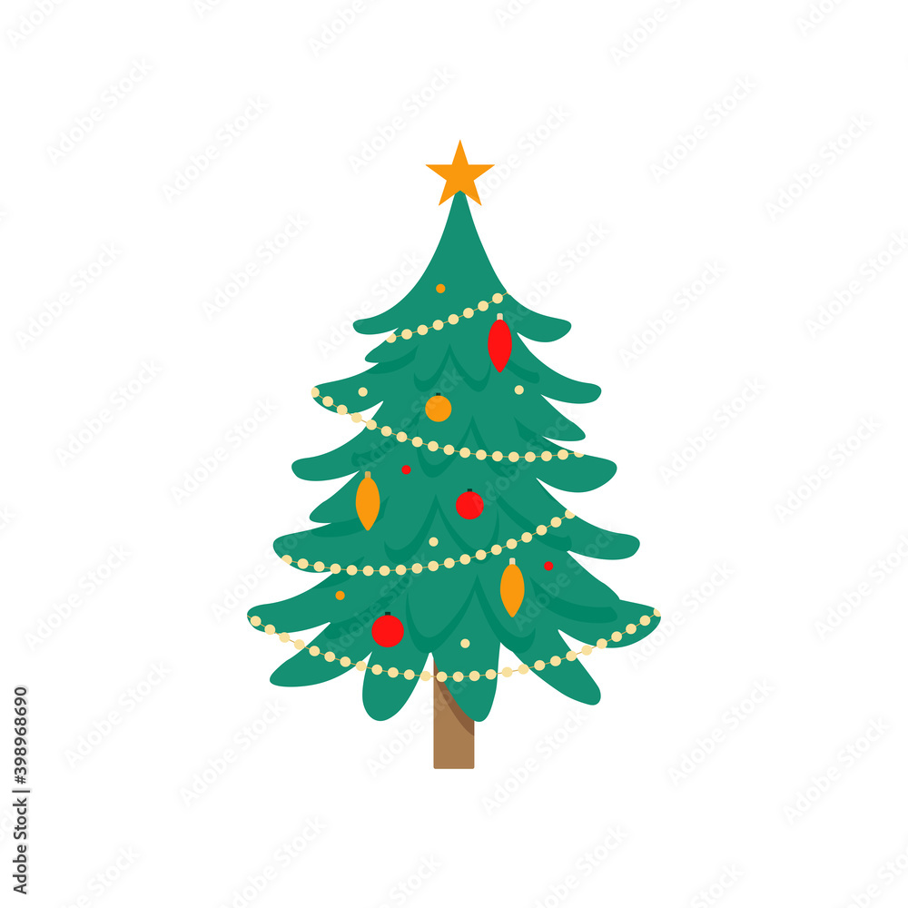 Decorated Christmas Tree Flat Vector Illustration.
