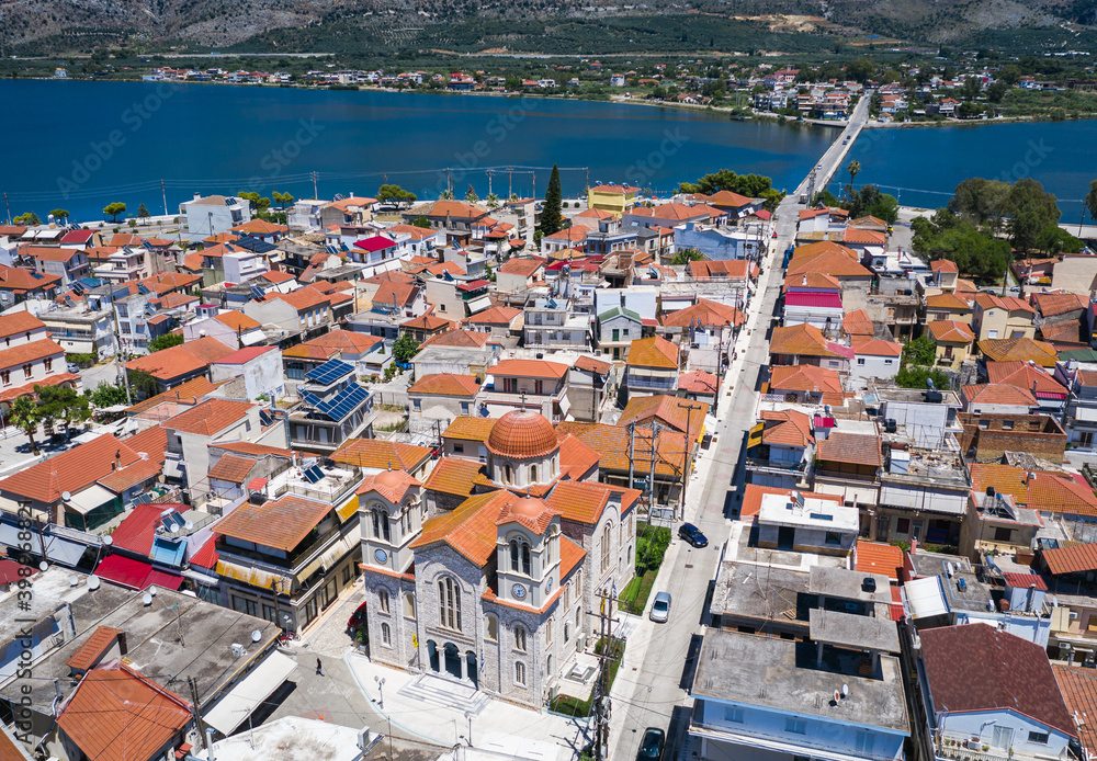 Aerial drone view of the famous island - fishing village of Aitoliko in Aetolia - Akarnania, Greece