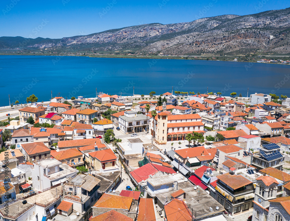 Aerial drone view of the famous island - fishing village of Aitoliko in Aetolia - Akarnania, Greece
