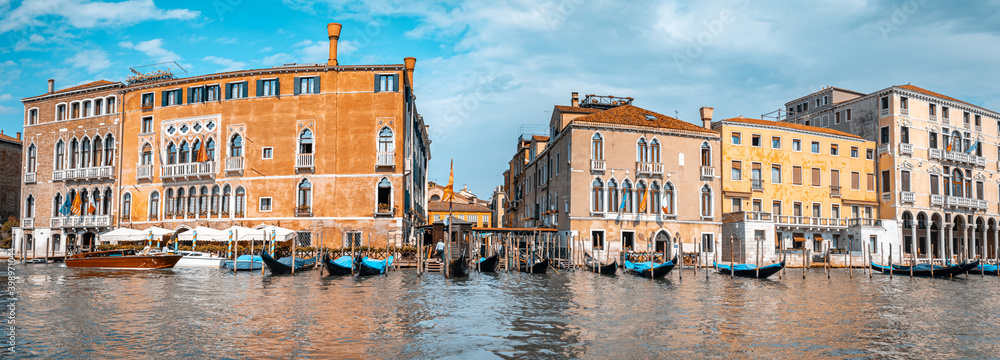 Old italian architecture with landmark bridge, romantic boat. Venezia. Grand canal for gondola in travel europe city Panoramic view. Italy, Venice.