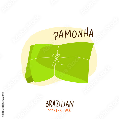 Pamonha. Sweet Corn Cake. Brazilian Portuguese Hand Lettering Calligraphy with drawings. Brazilian Starter Pack. Vector. photo