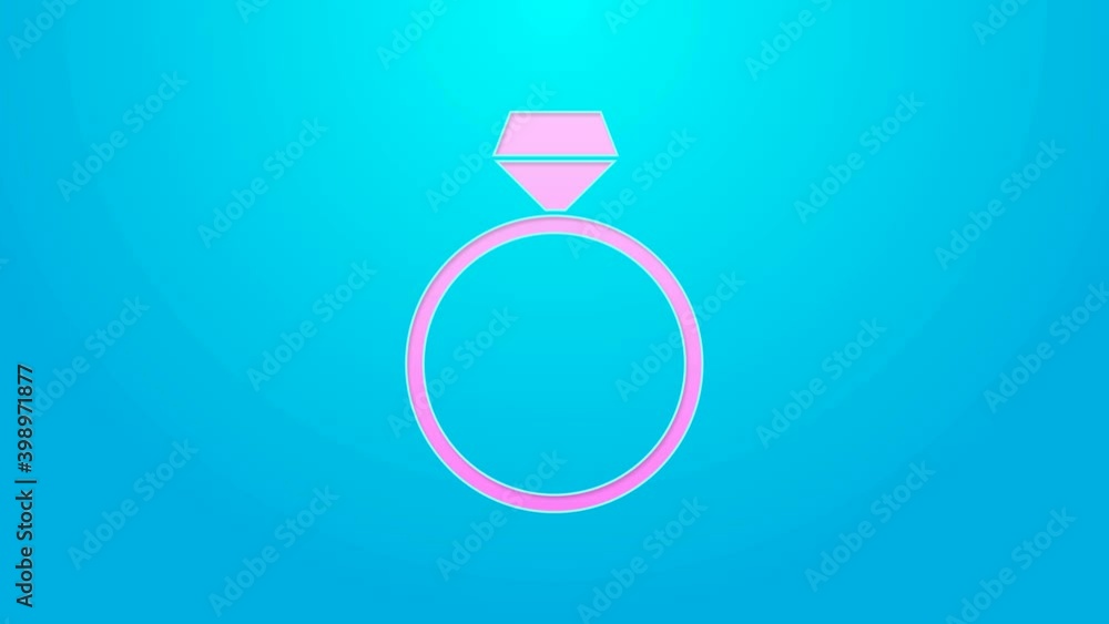 Pink line Diamond engagement ring icon isolated on blue background. 4K Video motion graphic animation Pink line Diamond engagement ring icon isolated on blue background. 4K Video motion graphic animation