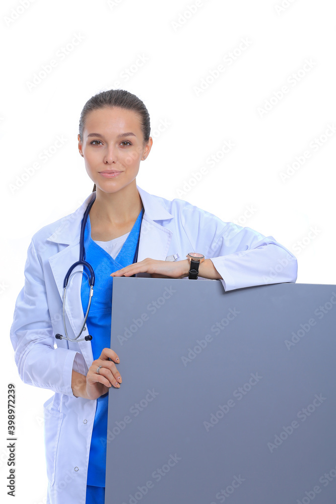 A female doctor with a blank billboard. Woman doctor A female doctor with a blank billboard. Woman doctor
