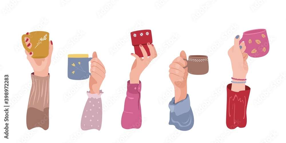 Many different hands holding colored cups of coffee or tea. Friends hands with lovely mugs. Hand drawn isolated vector illustration on white background.