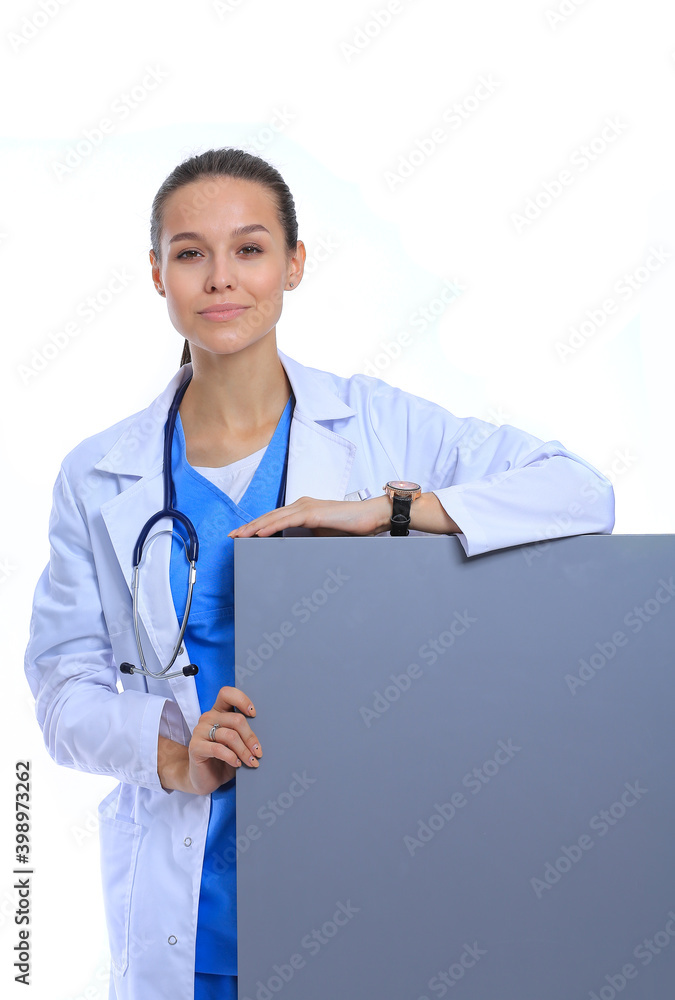 A female doctor with a blank billboard. Woman doctor A female doctor with a blank billboard. Woman doctor