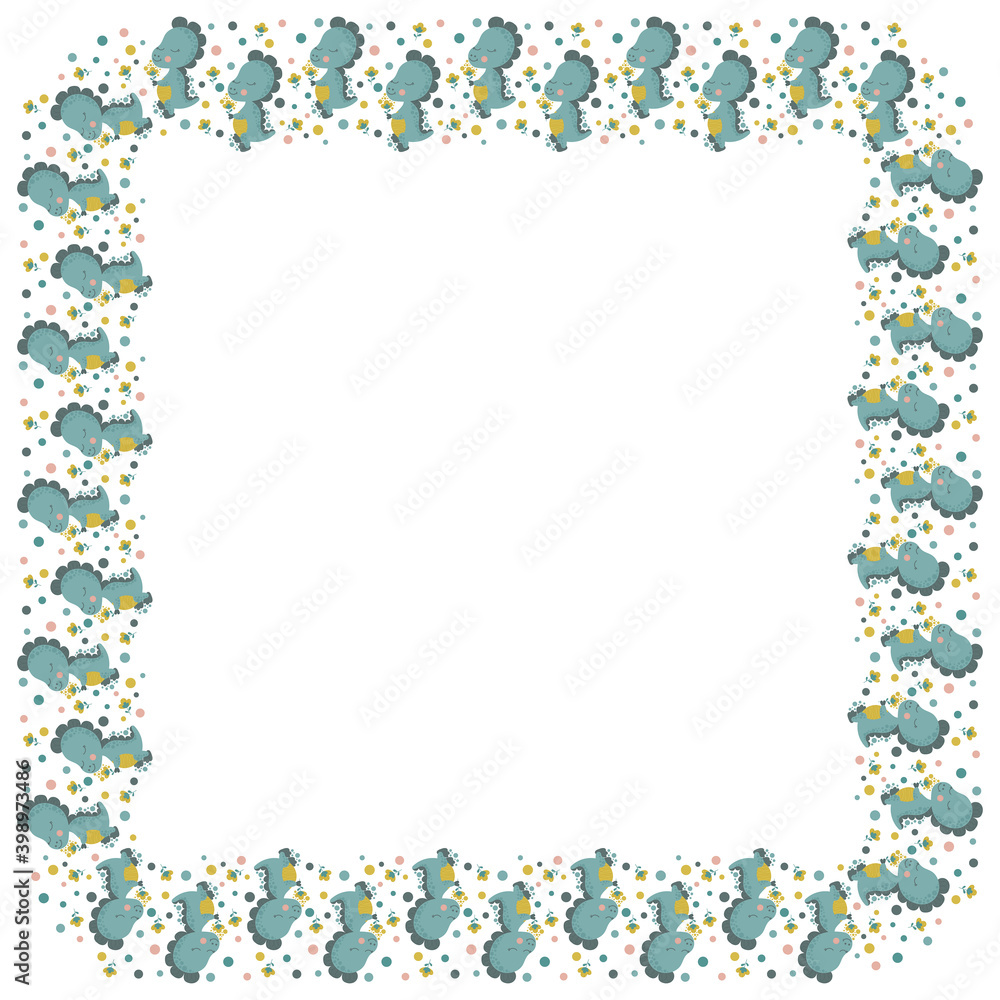 Cartoon square frame of little cute smiling dinosaurs tyrannosaurus holding flowers and sniffing them and multicolored circles on a white background. Isolated border for text of baby dragons. Vector. Cartoon square frame of little cute smiling dinosaurs tyrannosaurus holding flowers and sniffing them and multicolored circles on a white background. Isolated border for text of baby dragons. Vector.