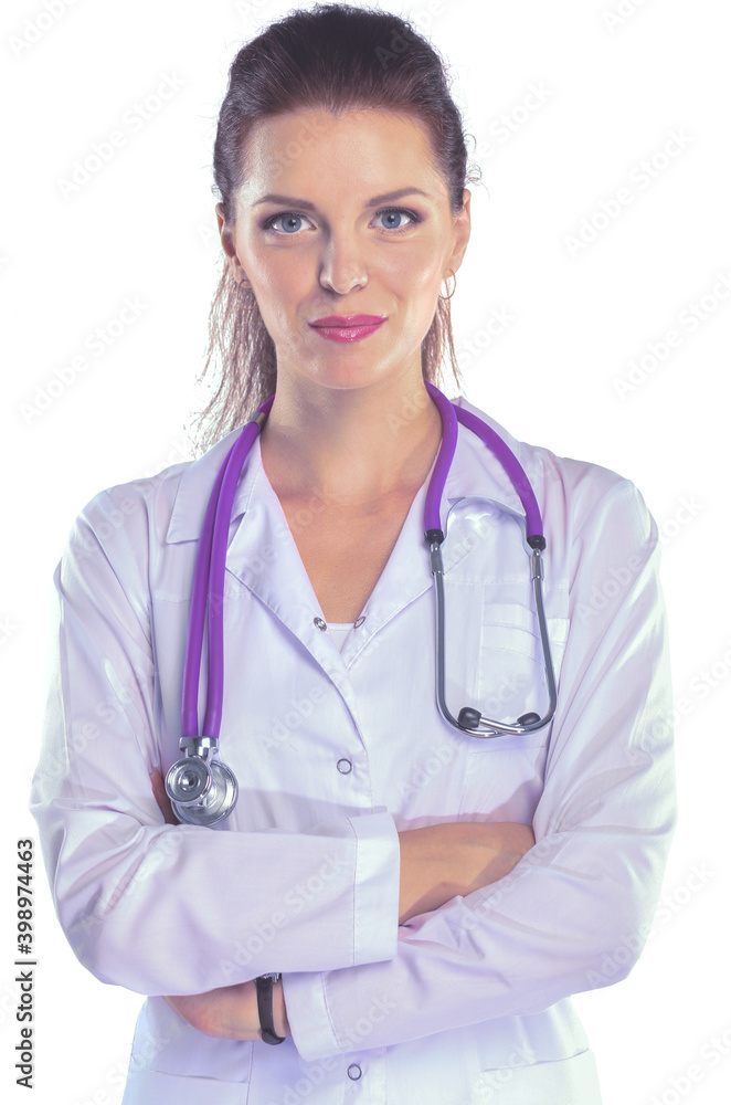 Portrait of young woman doctor with white coat standing in hospital . Portrait of young woman doctor Portrait of young woman doctor with white coat standing in hospital . Portrait of young woman doctor