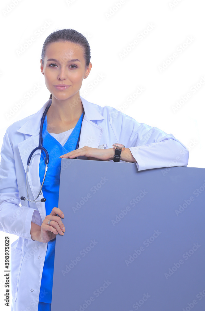 A female doctor with a blank billboard. Woman doctor A female doctor with a blank billboard. Woman doctor