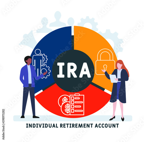 Flat design with people. IRA - Individual Retirement Account acronym, business concept background.   Vector illustration for website banner, marketing materials, business presentation, online advertis