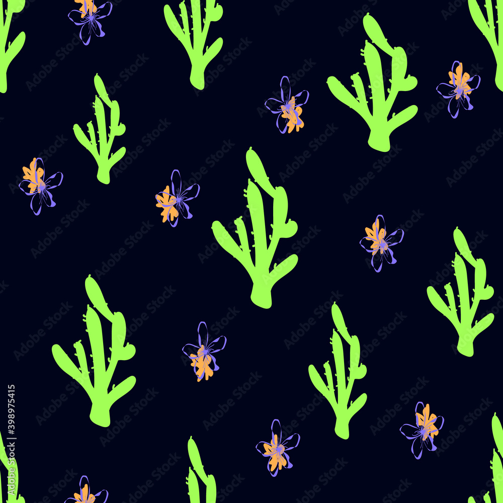 Seamless vector hand drawn pattern with cute cactus and flowers,botanical illustration for wallpaper,wrapping and packaging design,colorful print for fabric and textile in cartoon style