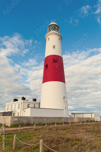 Portland Bill Lighthouse. Dorset coast in Isle of Portland  UK. A sea way-mark guiding vessels navigating in the English Channel.