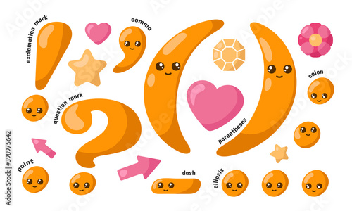 Set of cute smiling orange kawaii punctuation marks in doodle style. Colored funny cartoon isolated vector illustration in flat design with shadows	