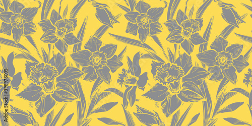 Floristic seamless pattern with closeup grey silhouettes of daffodil flowers in full bloom. Colors trend hand drawn vector graphic. Template for textile, wallpaper, bedding, floral design.
