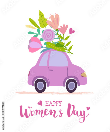 Greeting card for International Women's Day with car and big bouquet of flowers on the roof. 8 March illustration in cartoon style