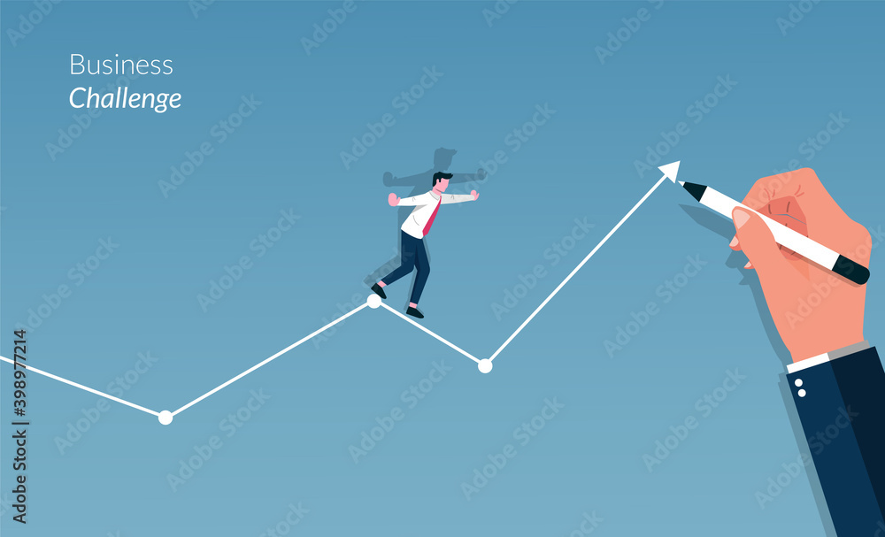 Business challenge concept with big hand drawing the lines and businessman walking on it. Flat vector illustration Business challenge concept with big hand drawing the lines and businessman walking on it. Flat vector illustration