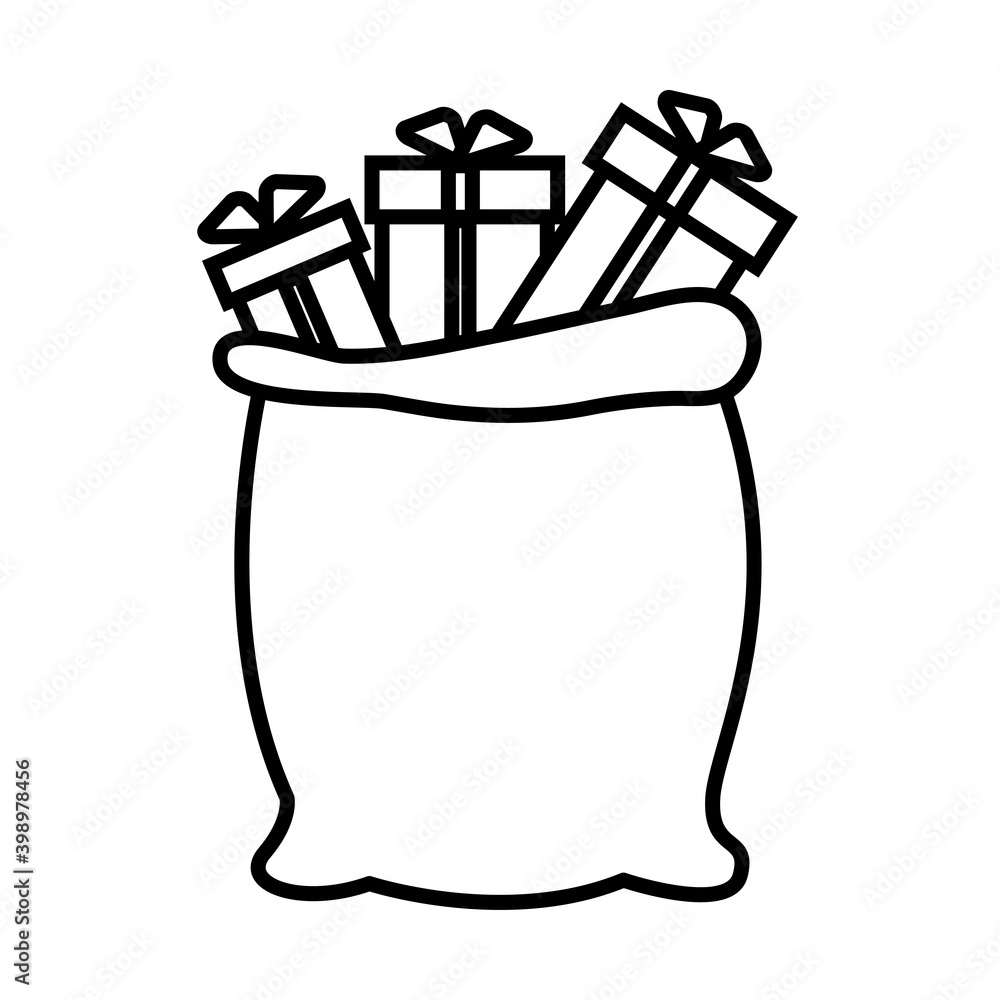 Black and white small simple linear icon of a beautiful festive New Year's Christmas bag with gifts and boxes of Santa Claus on a white background. illustration Black and white small simple linear icon of a beautiful festive New Year's Christmas bag with gifts and boxes of Santa Claus on a white background. illustration