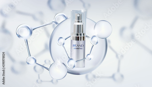 Beauty cosmetic product with molecule.cosmetics bottles mockup banner.Realistic 3d vector