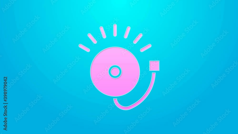 Pink line Ringing alarm bell icon isolated on blue background. Fire alarm system. Service bell, handbell sign, notification symbol. 4K Video motion graphic animation Pink line Ringing alarm bell icon isolated on blue background. Fire alarm system. Service bell, handbell sign, notification symbol. 4K Video motion graphic animation
