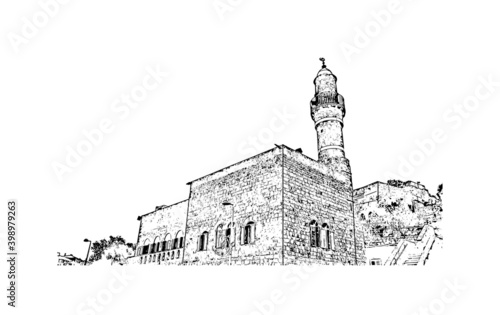 Building view with landmark of Tel Aviv is the 
city in Israel. Hand drawn sketch illustration in vector.