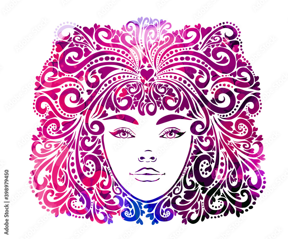 The stylized face of a beautiful girl full-face. Girl With Purple Hair. T-shirt printing. Mixed media. Vector illustration The stylized face of a beautiful girl full-face. Girl With Purple Hair. T-shirt printing. Mixed media. Vector illustration