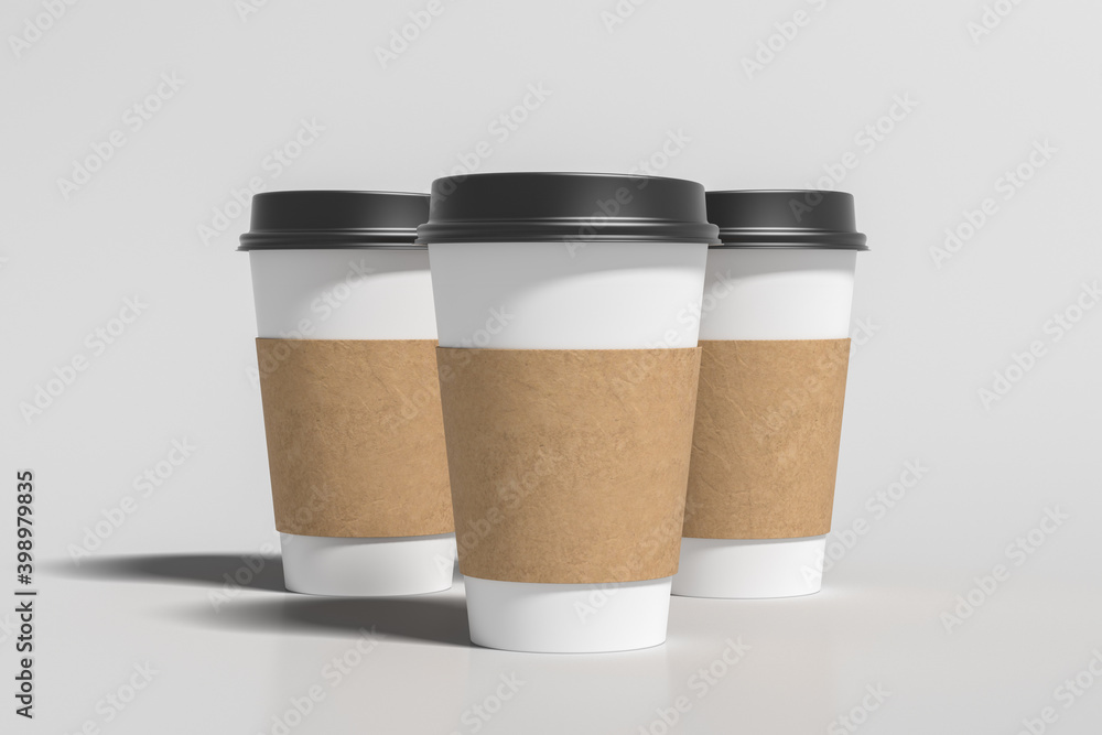 Three white take away coffee paper cups mock up with black lids on white background. Three white take away coffee paper cups mock up with black lids on white background.