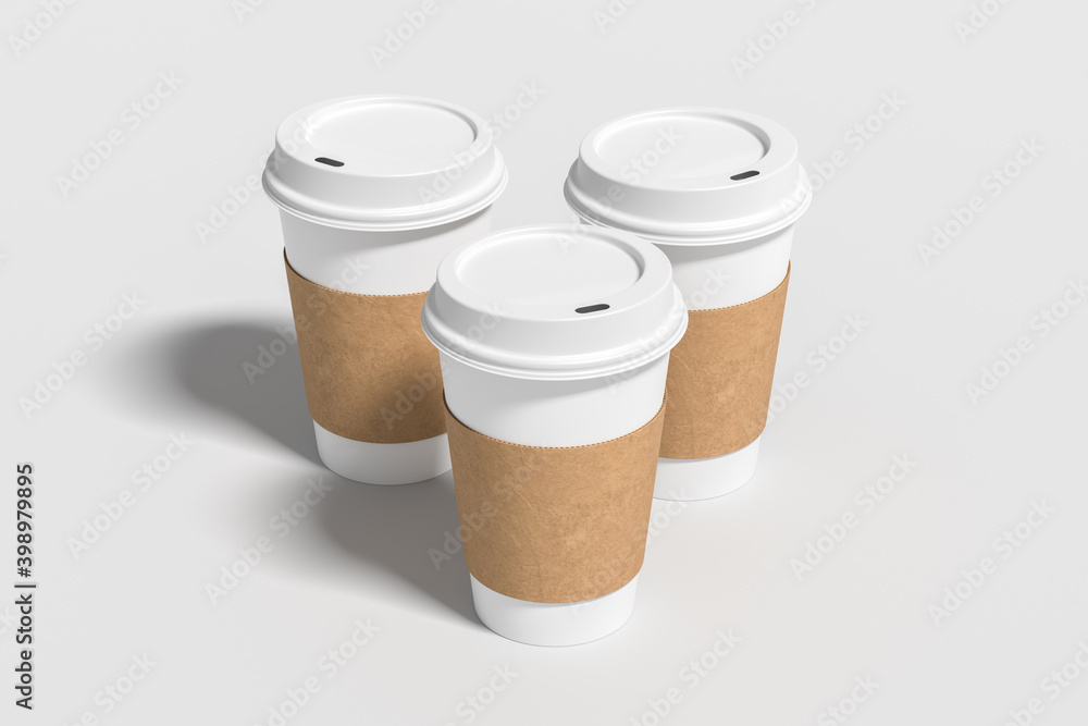 Three white take away coffee paper cups mock up with white lids on white background. Three white take away coffee paper cups mock up with white lids on white background.