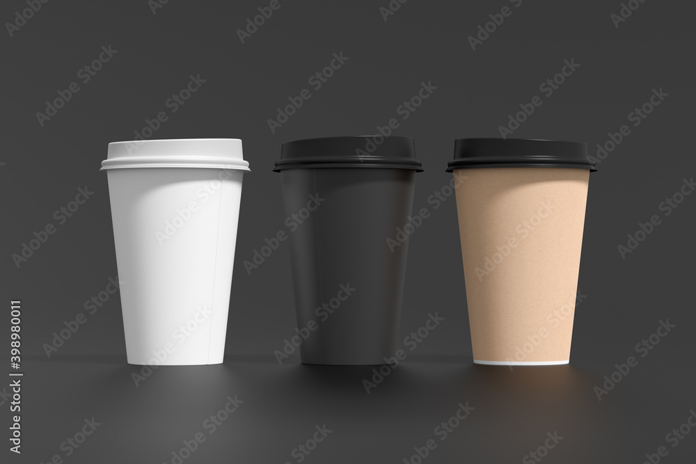 White, cardboard and black take away coffee paper cups mock up with lids on black background. White, cardboard and black take away coffee paper cups mock up with lids on black background.