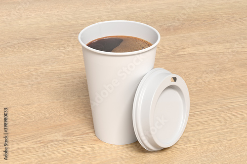 White take away coffee paper cup mock up with opened white lid on wooden background.