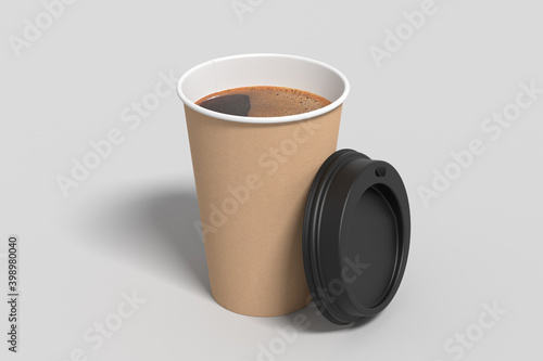 Cardboard take away coffee paper cup mock up with opened black lid on white background.
