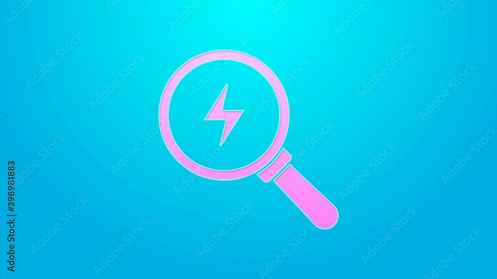 Pink line Magnifying glass with lightning bolt icon isolated on blue background. Flash sign. Charge flash. Thunder bolt. Lighting strike. 4K Video motion graphic animation Pink line Magnifying glass with lightning bolt icon isolated on blue background. Flash sign. Charge flash. Thunder bolt. Lighting strike. 4K Video motion graphic animation