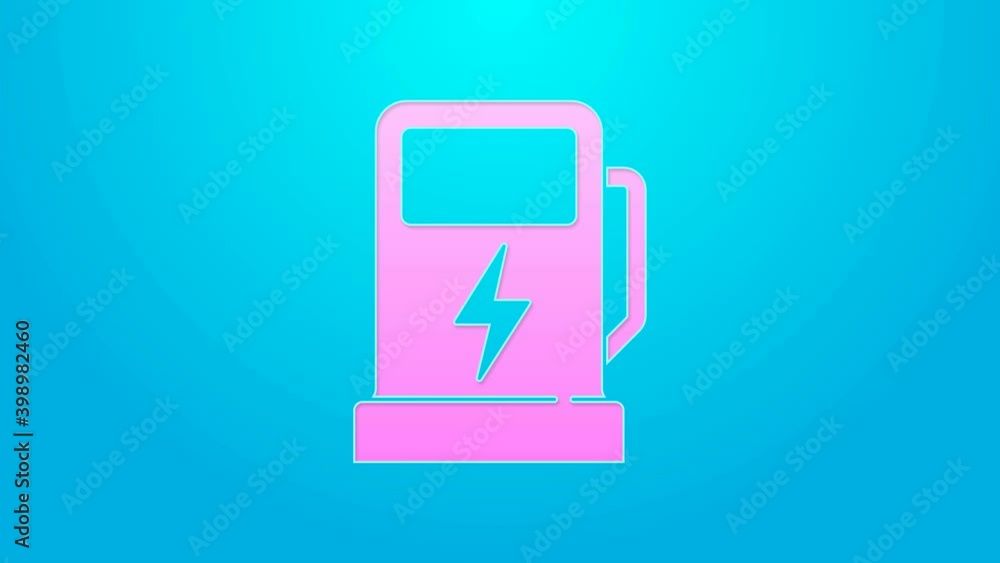 Pink line Electric car charging station icon isolated on blue background. Eco electric fuel pump sign. 4K Video motion graphic animation Pink line Electric car charging station icon isolated on blue background. Eco electric fuel pump sign. 4K Video motion graphic animation