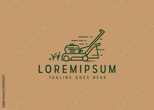 Lawn mower logo design. Vector illustration of fast lawn mower. Vintage logo design with line art icon style.