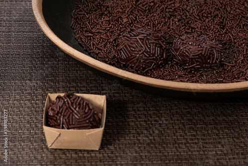 typical Brazilian candy very common on children's birthdays, made of chocolate, called brigadeiro photo