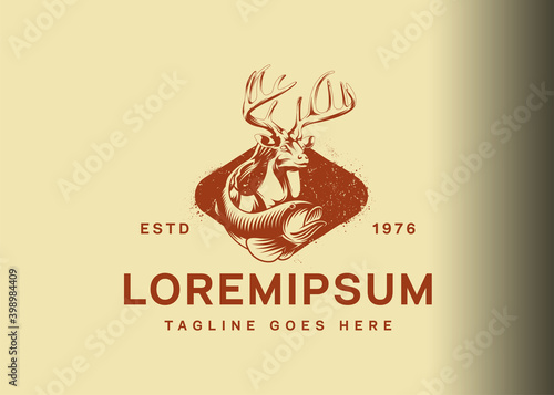 Hunting season logo design. Vector illustration of hunting deer, turkey and fish. Vintage logo design with flat icon style.