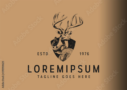 forest animals hunting logo design. Vector illustration of deer, turkey and fish in the shield. emblem design