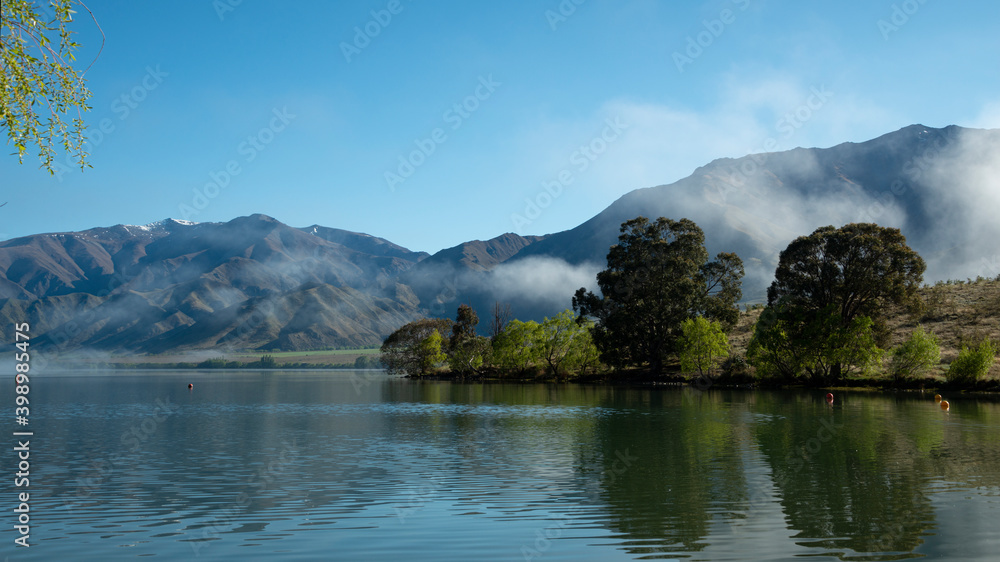 Lake Benmore in the mist, Canterbury, New Zealand